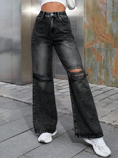 Distressed Wide Leg Jeans with Pockets - Ink Wave Creations