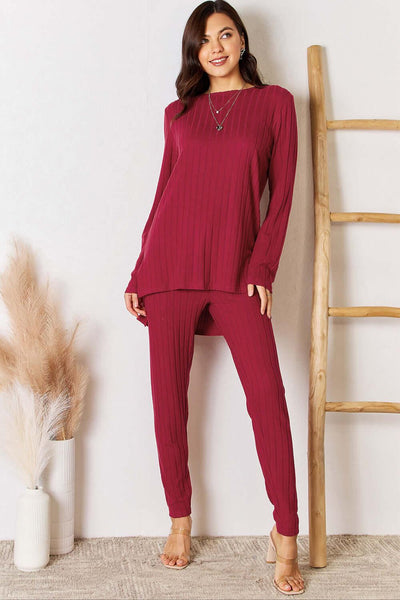Basic Bae Full Size Ribbed Round Neck High-Low Slit Top and Pants Set - Ink Wave Creations