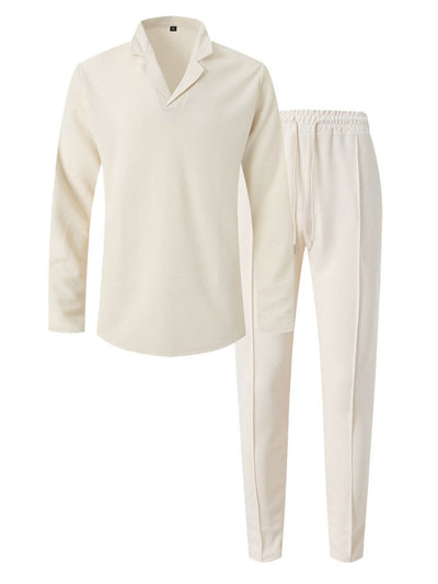 Beige Detail of soft waffle-knit fabric on long sleeve top and pants