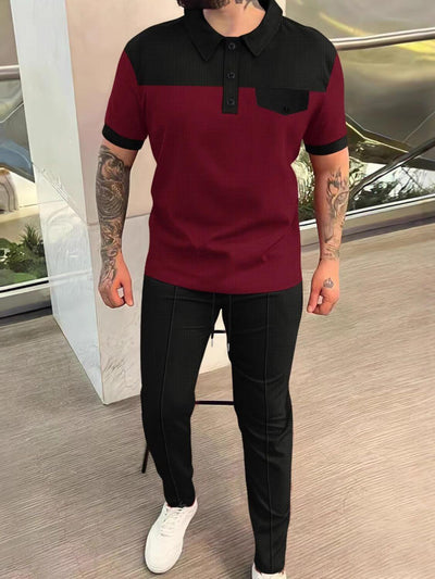 Burgundy Detailed contrast design on men's top in two-piece set