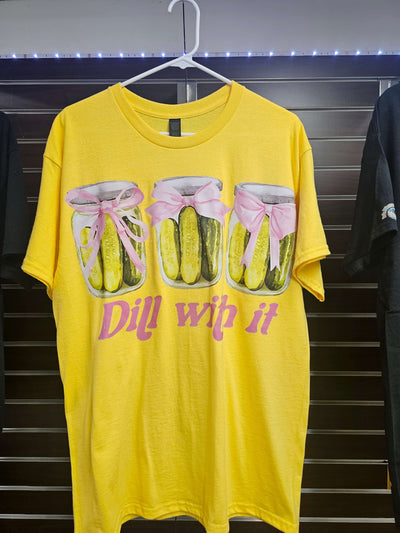 Humorous Dill With It T-shirt with cartoon pickles