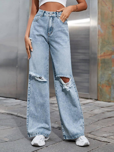 Distressed Wide Leg Jeans with Pockets - Ink Wave Creations