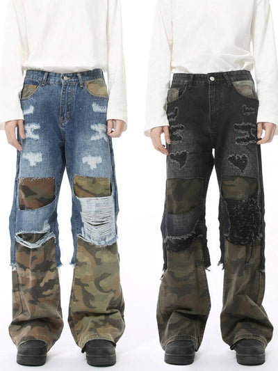 Distressed Camo Patchwork Jeans