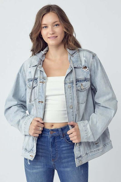  Full Size Distressed Drawstring Hooded Denim Jacket