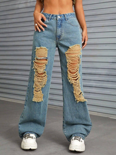 Distressed Wide Leg Jeans with Pockets - Ink Wave Creations