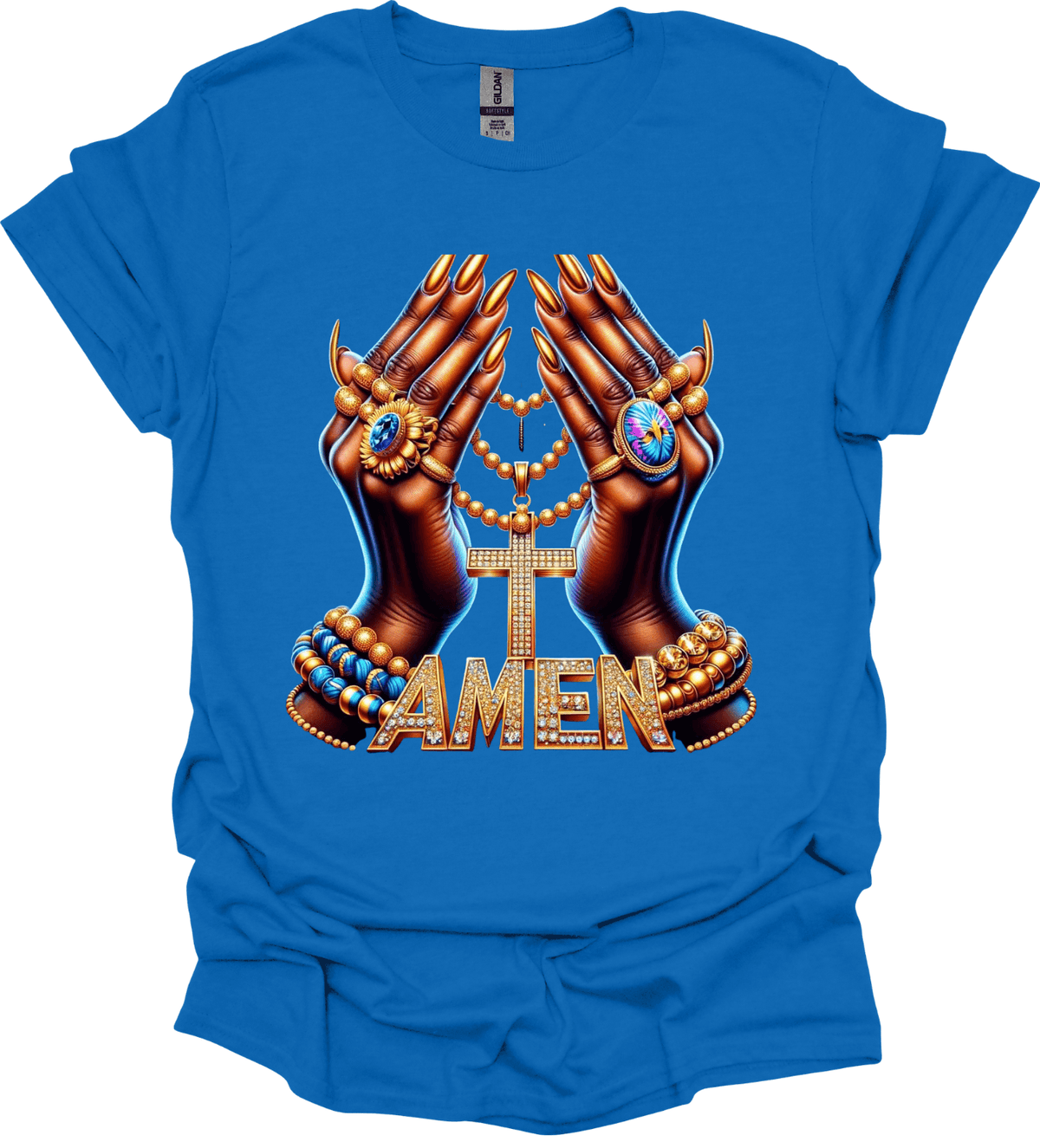 Blue Amen Faith Cross Graphic Tee with hands holding a cross and 'AMEN' text on a white background