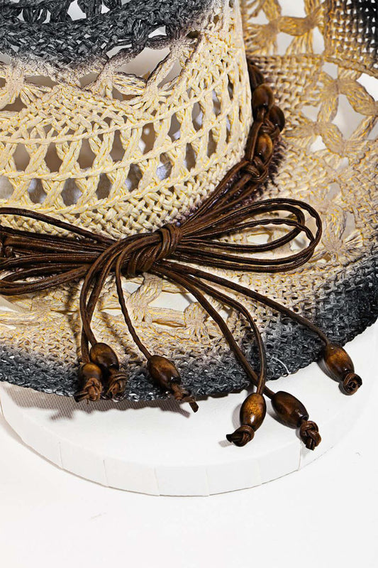 Fame Cutout Rope Strap Wide Brim Hat -Brim