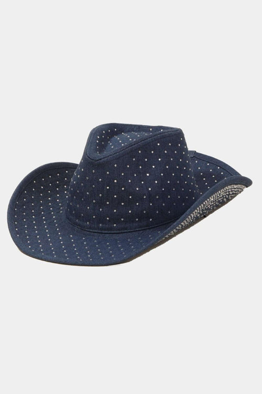 Fame Rhinestone Wide Brim Denim Hat - Top 