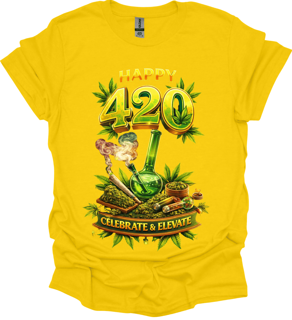 Yellow Happy 420 Graphic Tee with 'Happy 420 Celebrate & Elevate' design featuring cannabis-themed graphics.