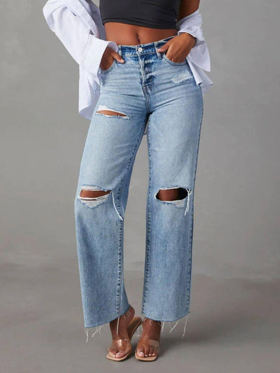 Distressed Straight Leg Jeans with Pockets - Ink Wave Creations