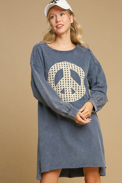 Umgee Peace Lace Applique Frayed Hem French Terry Mini Dress - Ink Wave Creations