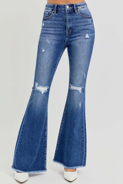 RISEN Full Size High Rise Distressed Raw Hem Flare Jeans - Ink Wave Creations