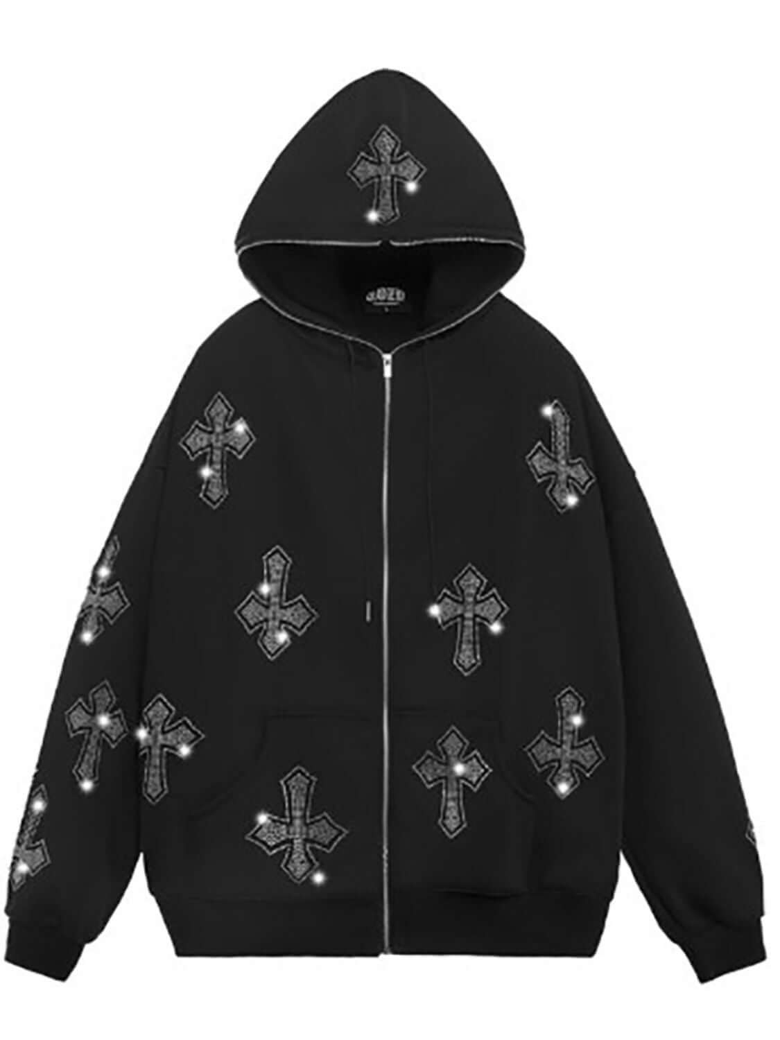 Full view of the hoodie with front pockets and zipper