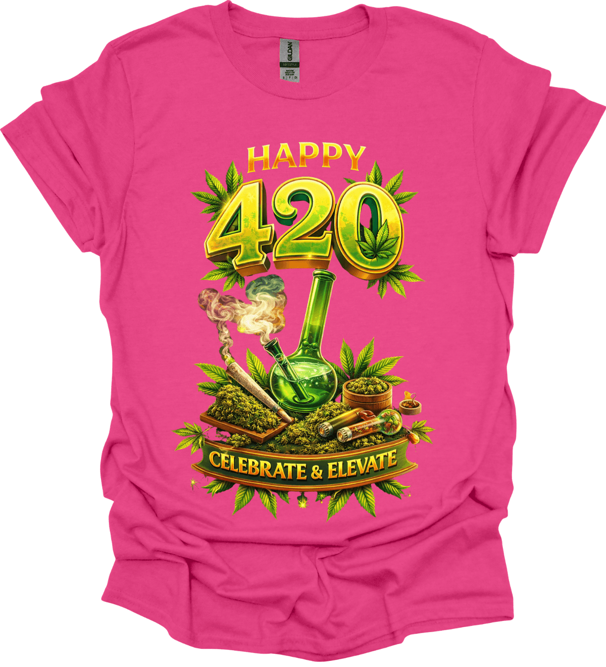 Pink Happy 420 Graphic Tee with 'Happy 420 Celebrate & Elevate' design featuring cannabis imagery on a white background.