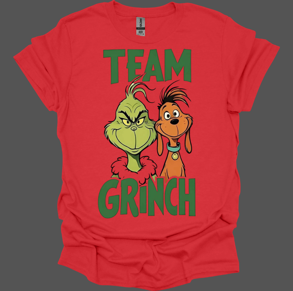 Red t-shirt with 'Team Grinch' graphic featuring the Grinch and a dog on a gray background