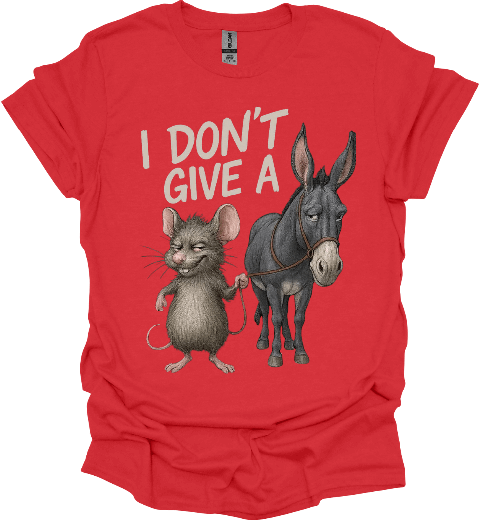 Red Don’t Care Funny Graphic Tee with a cartoon mouse and donkey graphic and text 'I Don't Give A'.