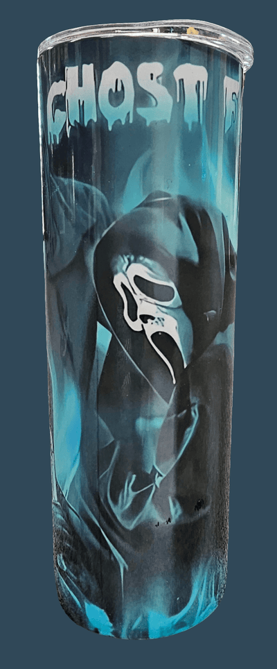 Tumbler with 'Ghost' branding and a stylized face design on a dark background