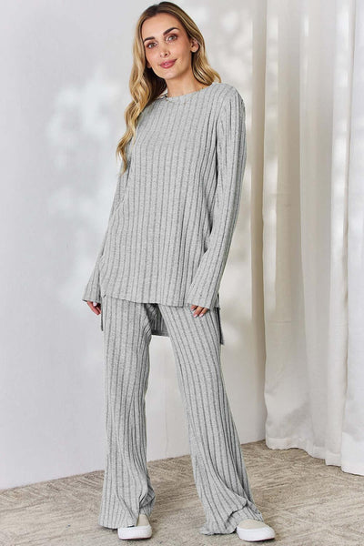 Basic Bae Full Size Ribbed High-Low Top and Wide Leg Pants Set - Ink Wave Creations