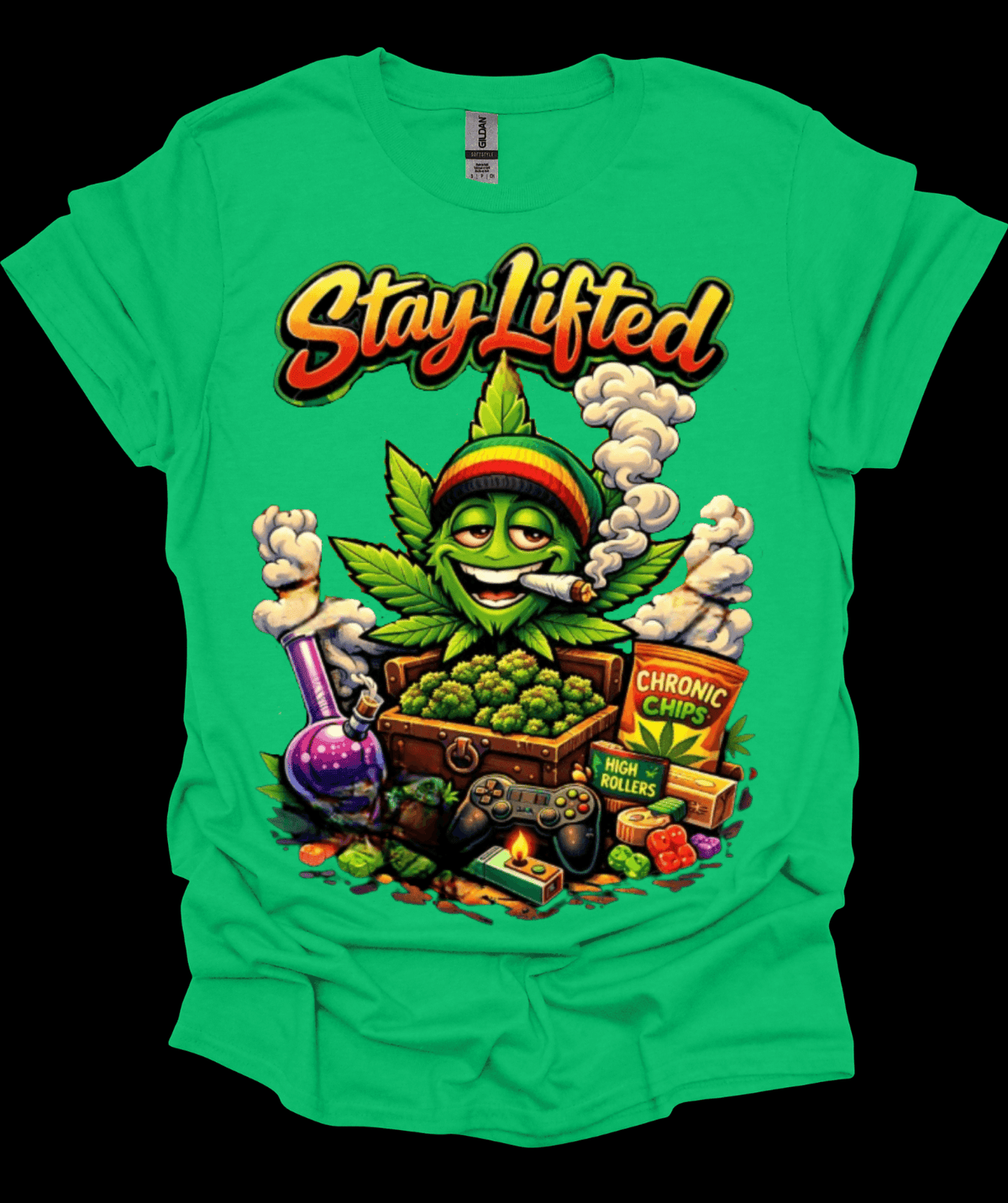 Green Stay Lifted Cannabis Graphic Tee with 'Stay Lifted' graphic design featuring a cannabis leaf and related items.