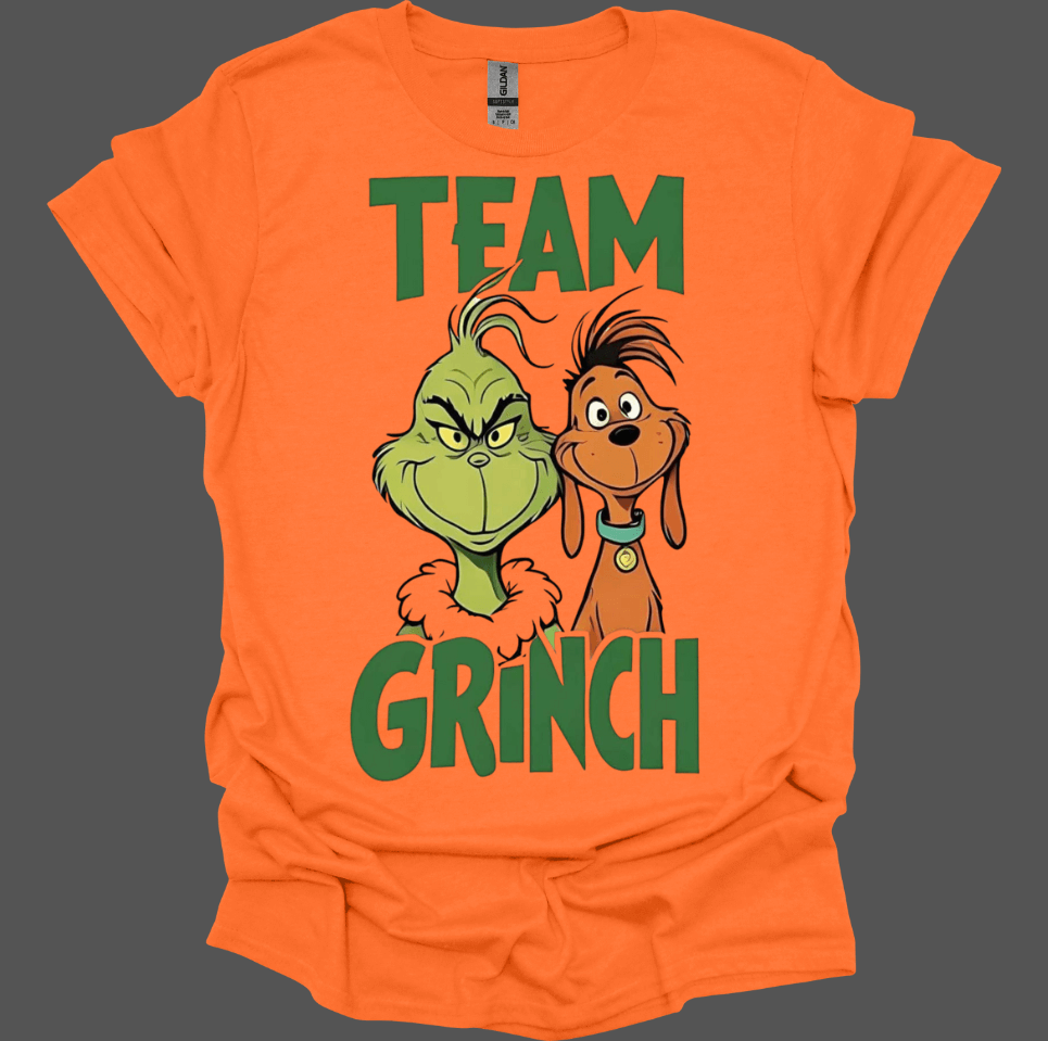 Orange t-shirt with 'Team Grinch' text and characters on a gray background