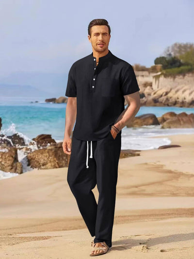 Black Half button top and drawstring pants set for Men
