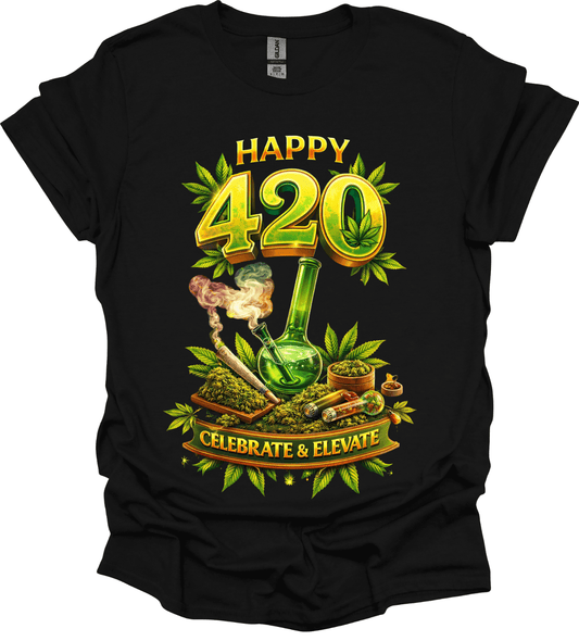 Black Happy 420 Graphic Tee with 'Happy 420 Celebrate & Elevate' design featuring cannabis imagery.