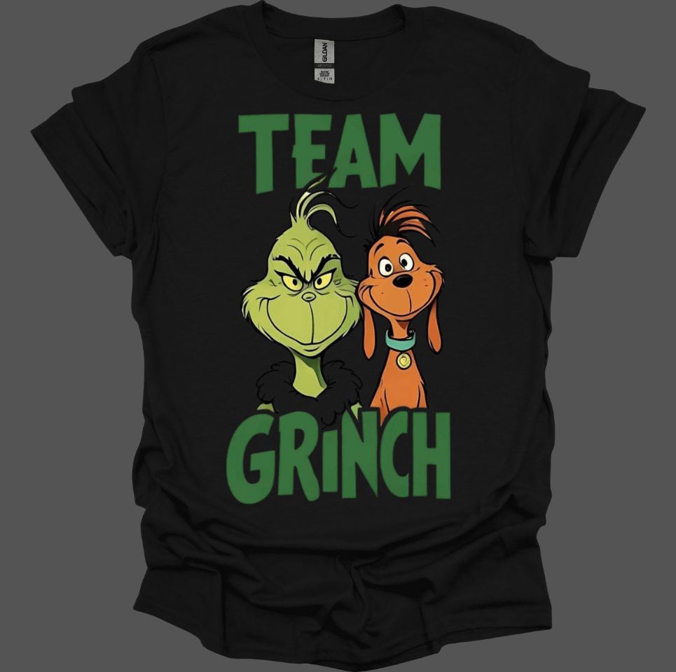 Black t-shirt with 'Team Grinch' text and characters on a dark background