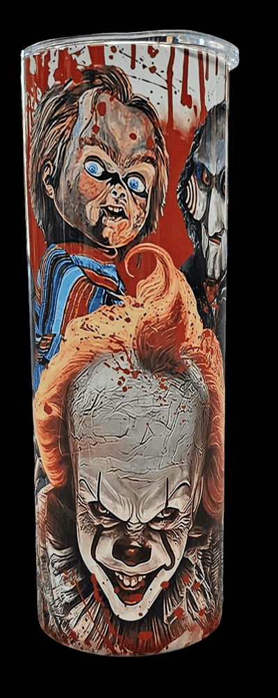 Tumbler with horror-themed design featuring a clown and a ghostly figure.