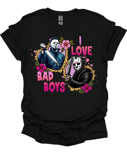 Black, I Love Bad Boys Horror Valentine Graphic Tee