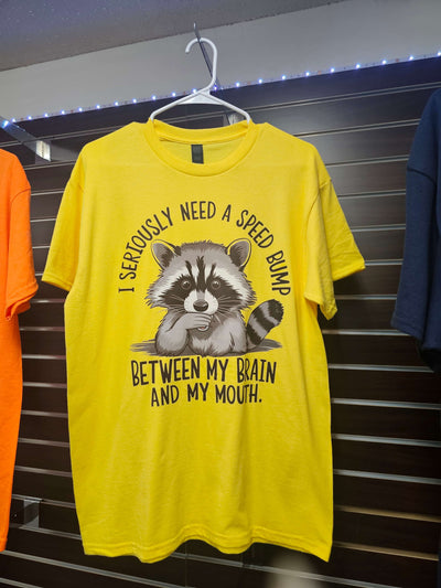 Tired mood shirt with cartoon raccoon graphic