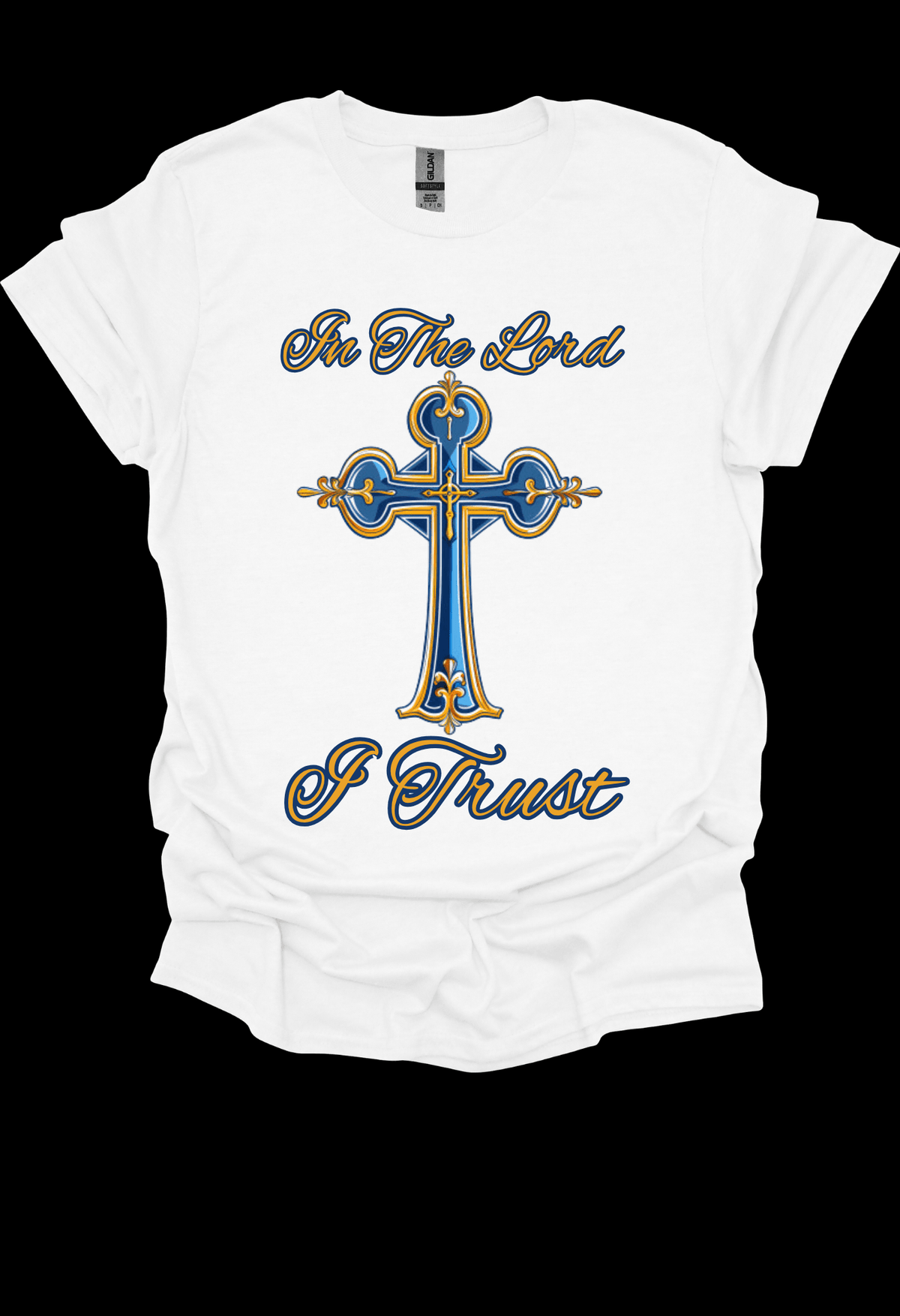 White t-shirt with a blue and gold cross design and text 'In The Lord I Trust' on a white background