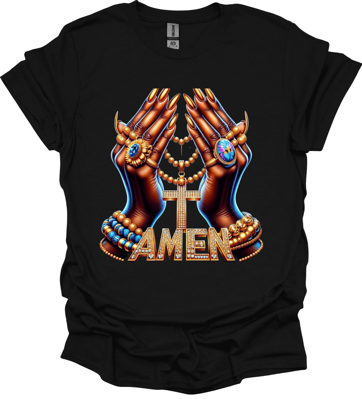 Black Amen Faith Cross Graphic Tee with hands holding a cross and 'AMEN' text design.