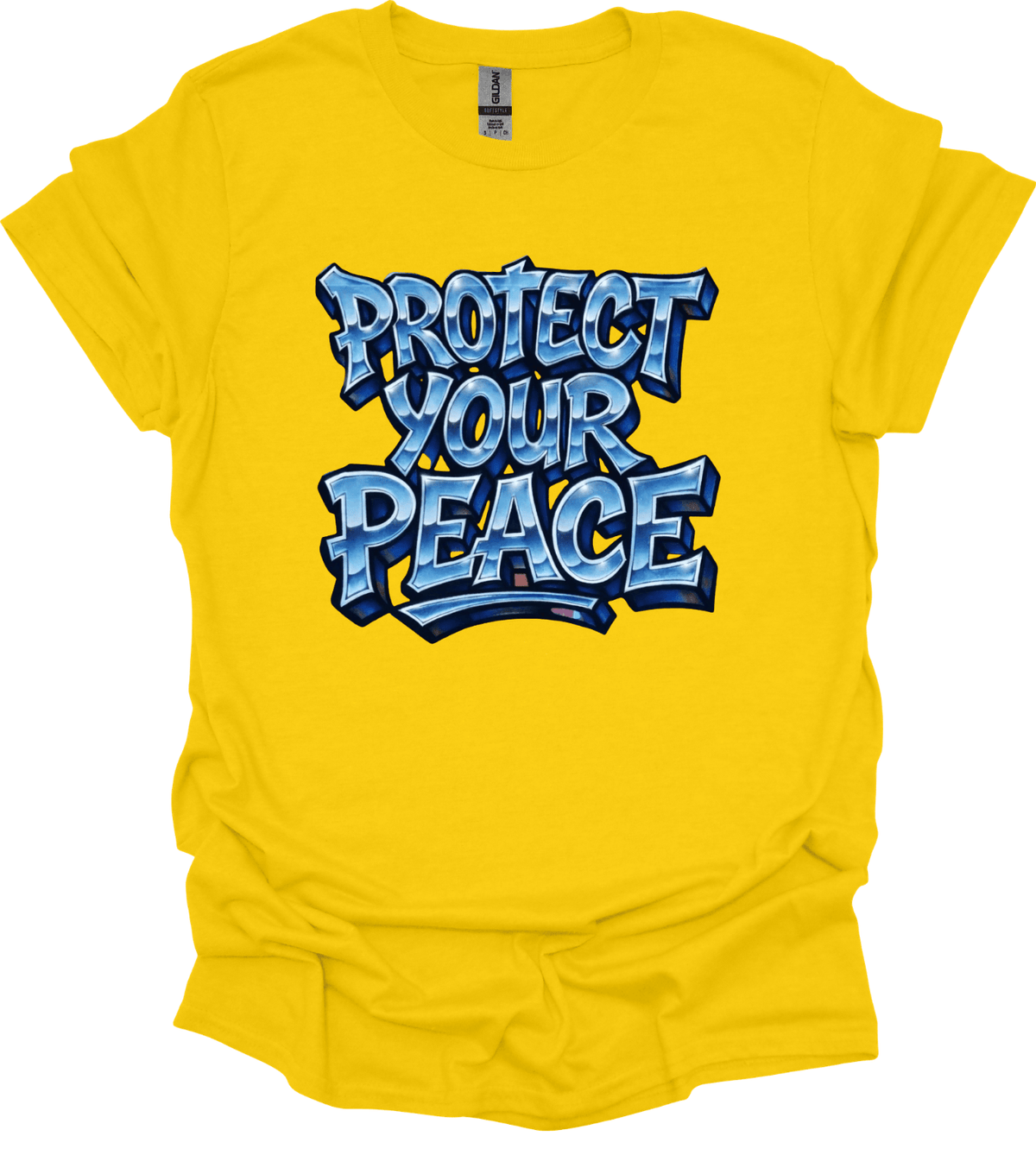 Yellow Protect Your Peace Graphic Tee with blue 'Protect Your Peace' text on a white background