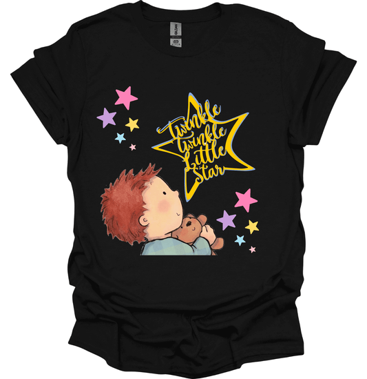 Black t-shirt with a child holding a teddy bear and colorful stars, featuring the text 'Twinkle twinkle little star'.