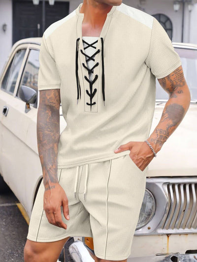 Beige Lace-up waffle knit top and shorts set 