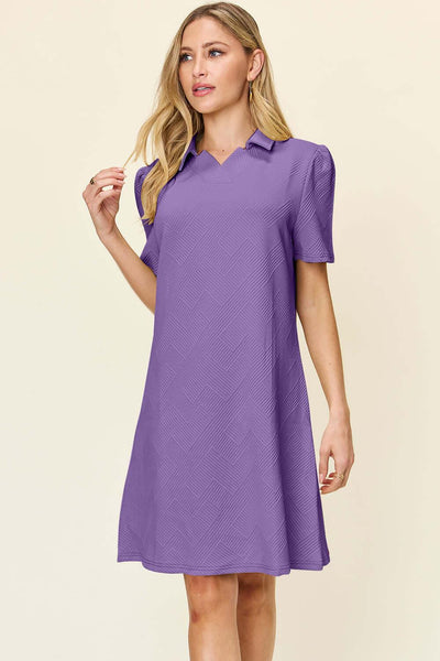 Double Take Full Size Texture Collared Neck Short Sleeve Dress - Ink Wave Creations