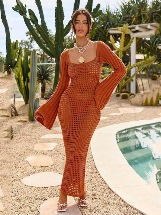 Boho openwork swim cover-up with square neckline