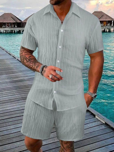Front Men's 2-piece summer outfit - button down shirt and shorts in solid color