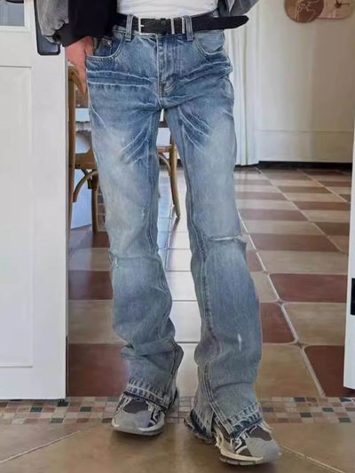 Trendy men’s raw hem denim with modern fit