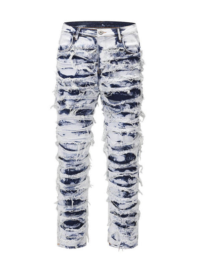 Distressed straight-leg jeans in medium wash
