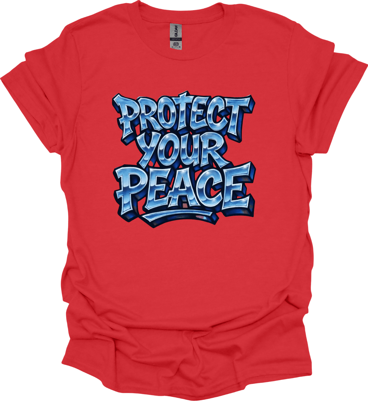 Red Protect Your Peace Graphic Tee with 'Protect Your Peace' text in blue on a white background