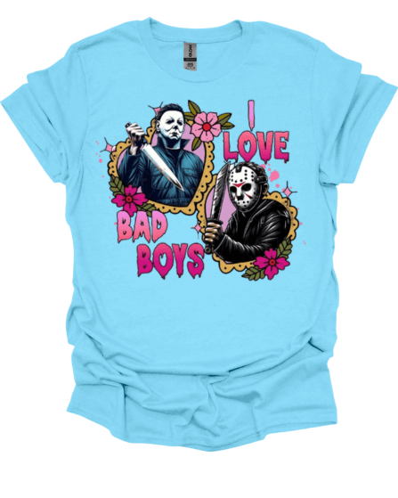 Baby Blue I Love Bad Boys Horror Valentine Graphic Tee