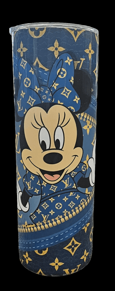 Tumbler with Minnie Mouse design featuring a blue and yellow pattern on a black background