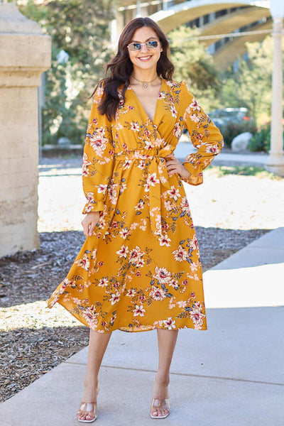 Double Take Full Size Floral Tie Back Flounce Sleeve Dress - Ink Wave Creations
