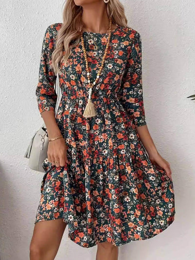 Frill Floral Round Neck Dress - Ink Wave Creations