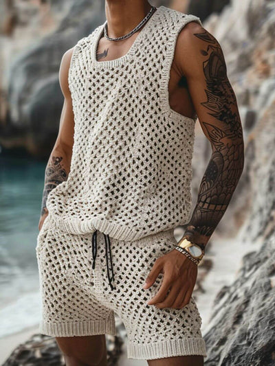 Model wearing  Beige hollow out tank and shorts set