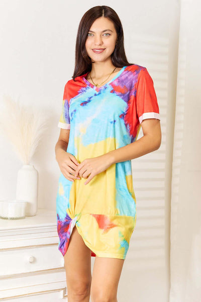 Shiny Tie-Dye V-Neck Twisted Dress - Ink Wave Creations