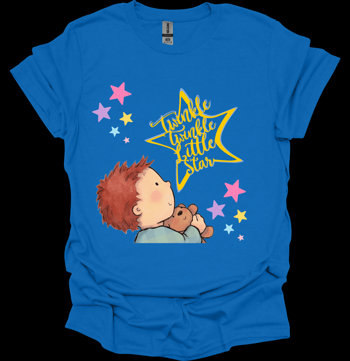 Blue t-shirt with a child holding a teddy bear and 'Twinkle Twinkle Little Star' graphic.
