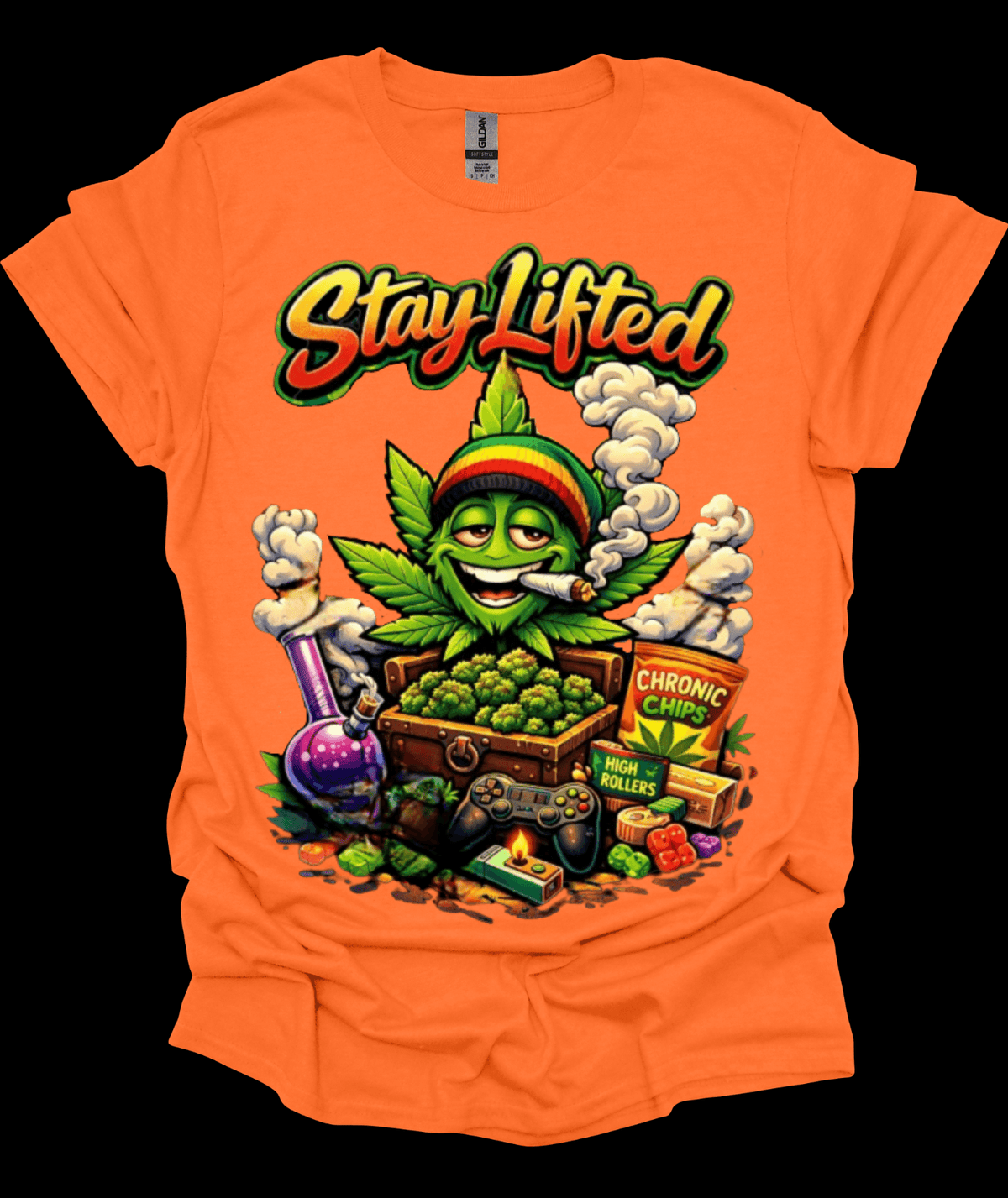 Orange Stay Lifted Cannabis Graphic Tee with a cannabis-themed graphic and 'Stay Lifted' text on a black background