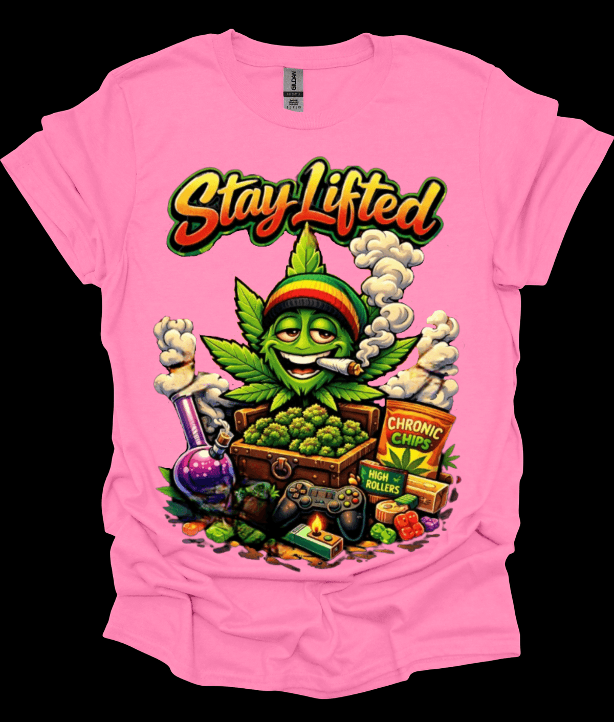 Pink Stay Lifted Cannabis Graphic Tee with 'Stay Lifted' graphic design featuring a cannabis leaf and text on a black background.
